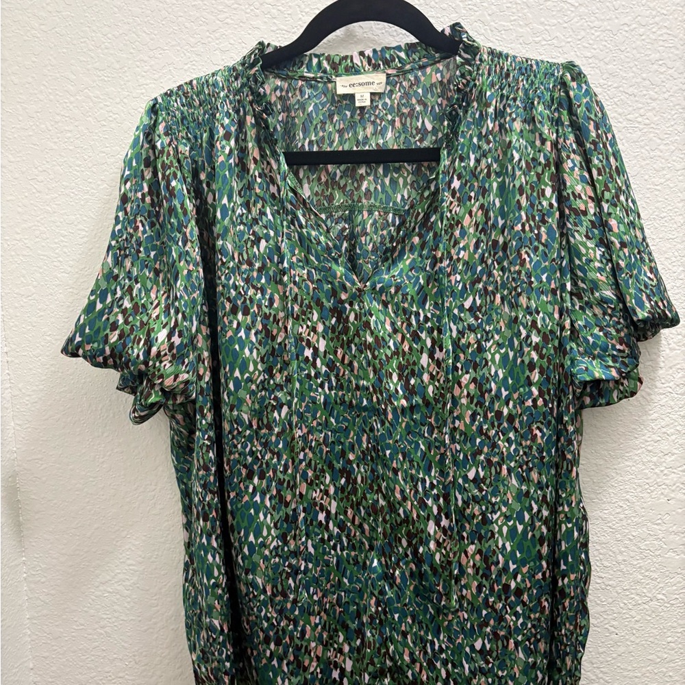 Eesome Green and Black Flutter Sleeve Ruffled Blouse with front tie string